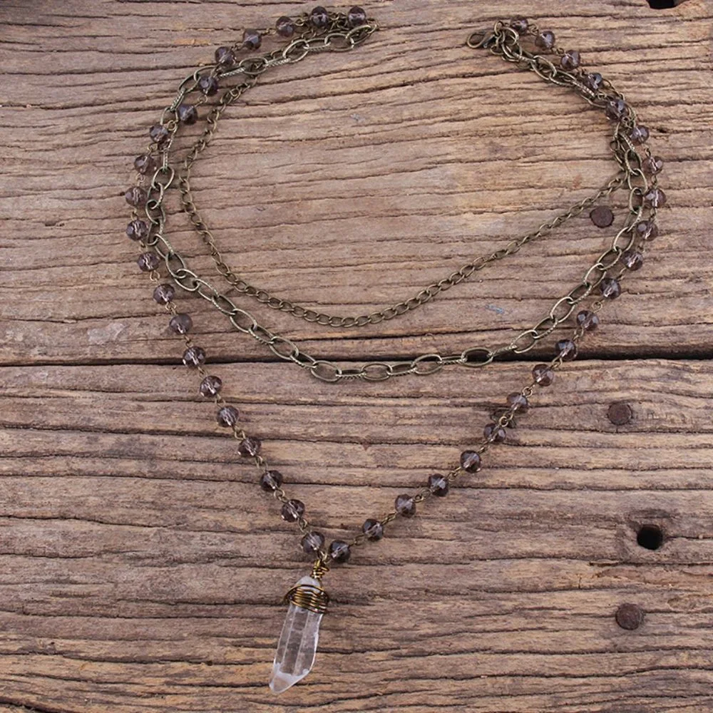 Triple Layer Clear Quartz Wire Wrap Pendant Necklace - Picture 2 of 3